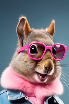 Squirrel man, kangaroo in a denim jacket and pink shirt with pink glasses on a pink background.