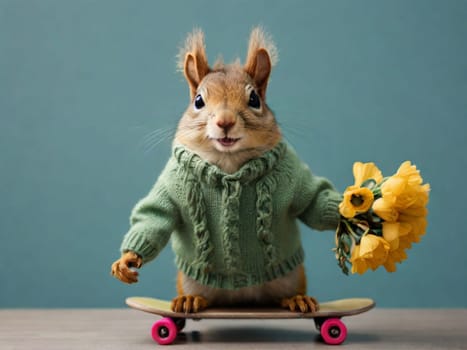 Funny squirrel in a green sweater and a bouquet of flowers on a skateboard. Congratulations on the holiday.