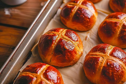 Traditional Easter hot cross buns on a baking tray. AI generated.