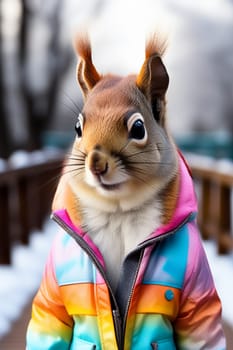 Squirrel man wearing a retro colorful multi-branched jacket.
