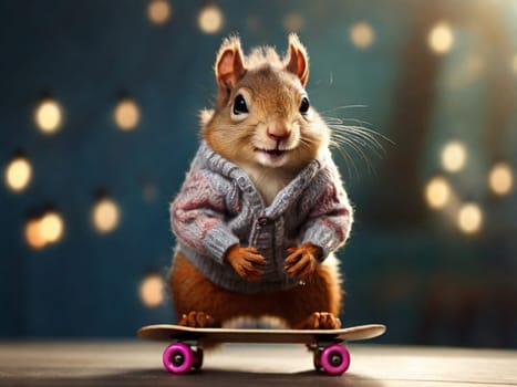 A funny squirrel in a sweater flies on a skateboard