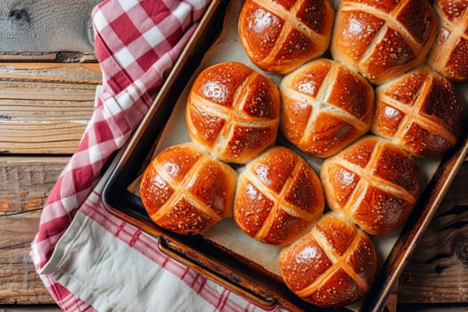 Traditional Easter hot cross buns on a baking tray. AI generated.