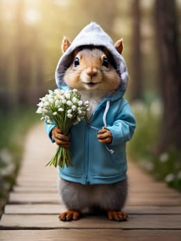 Happy squirrel, chipmunk in a fashionable blue jacket with a hood on his head with a bouquet of delicate primroses in his hands. Congratulations on the holiday of March 8th
