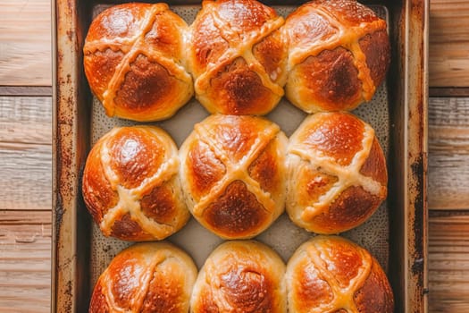 Traditional Easter hot cross buns on a baking tray. AI generated.