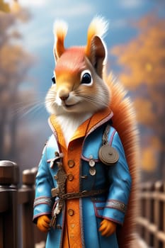 Squirrel man wearing a retro colorful multi-branched jacket.