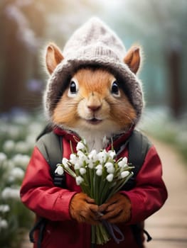 Happy squirrel, chipmunk in a fashionable red jacket with a hood on his head with a bouquet of delicate primroses in his hands. Congratulations on the holiday of March 8th