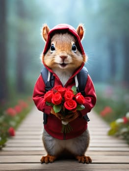Happy squirrel, chipmunk in a fashionable jacket with a hood on his head with a bouquet of red roses in his hands. Congratulations on the holiday of March 8th