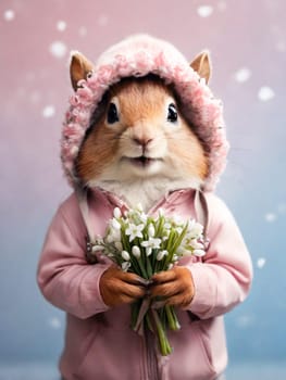 Happy squirrel, chipmunk in a fashionable pink jacket with a hood with a bouquet of snowdrops in his hands on a pink blue background. Congratulations on the holiday of March 8th