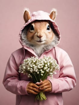 Happy squirrel, chipmunk in a fashionable pink jacket with a hood with a bouquet of snowdrops in his hands on a pink background. Congratulations on the holiday of March 8th