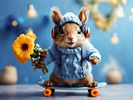 Funny fashionable squirrel, chipmunk with a bouquet in his hands on a skateboard in a blue sweater and headphones in his ears. Congratulations on the holiday.