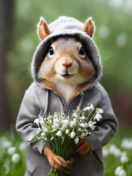 A happy chipmunk squirrel in a fashionable gray sweater with a hood on her head with a bouquet of delicate primroses in her hands in nature. Congratulations on the holiday of March 8th