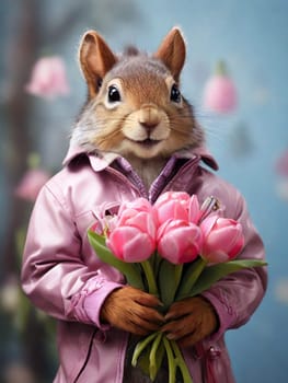 Happy squirrel in a pink leather jacket with a bouquet of tulips in his hands. Congratulations on the holiday