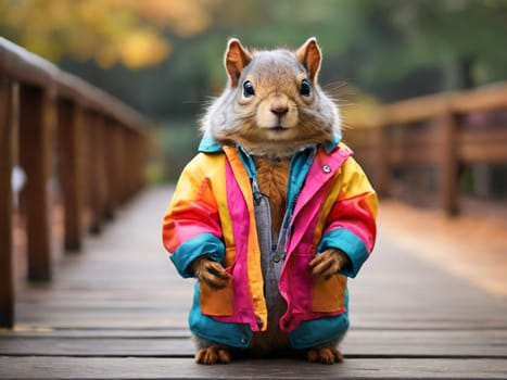 Squirrel man dressed in a retro bright multi-piece jacket on a wooden bridge.