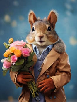A brutal squirrel, a chipmunk in a brown leather coat with a bouquet of flowers in his hands. Congratulations on the holiday