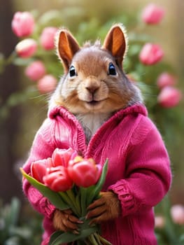 Happy squirrel, chipmunk in a fashionable pink knitted sweater with a bouquet of pink tulips in his hands. Congratulations on the holiday of March 8th