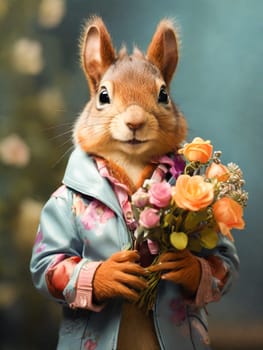 A brutal squirrel, a chipmunk in a multicolored leather coat with a bouquet of flowers in his hands. Congratulations on the holiday of March 8th