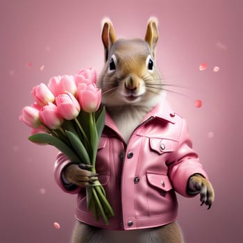 Happy squirrel, chipmunk in a fashionable pink leather jacket with a bouquet of pink tulips in his hands. Congratulations on the holiday of March 8th