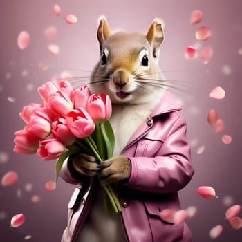 Happy squirrel, chipmunk in a fashionable pink leather jacket with a bouquet of pink tulips in his hands. Congratulations on the holiday of March 8th