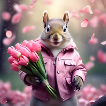 Happy squirrel, chipmunk in a fashionable pink leather jacket with a bouquet of pink tulips in his hands. Congratulations on the holiday of March 8th