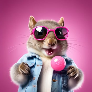 squirrel, kangaroo in a denim jacket and pink shirt with pink glasses with a round tasty lollipop on a pink background.