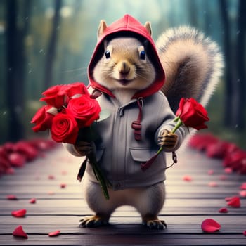 Happy squirrel, chipmunk in a fashionable jacket with a hood on his head with a bouquet of red roses in his hands. Congratulations on the holiday of March 8th.