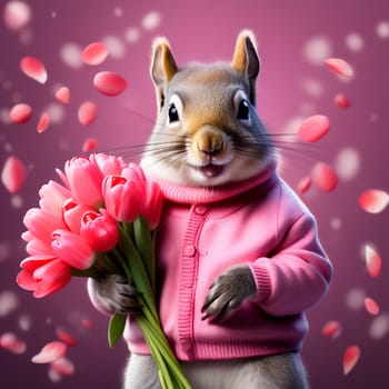 Happy squirrel, chipmunk in a fashionable pink knitted sweater with a bouquet of pink tulips in his hands. Congratulations on the holiday of March 8th