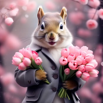 Happy squirrel, chipmunk in a fashionable gray jacket with a bouquet of pink tulips in his hands. Congratulations on the holiday of March 8th
