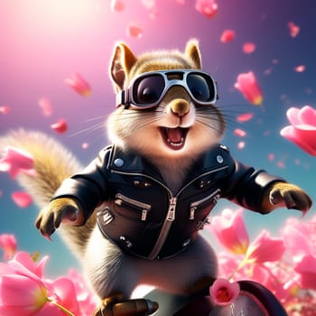 Funny fashionable squirrel, chipmunk in a leather jacket and glasses on a skateboard on a bright floral background. Congratulations on the holiday.