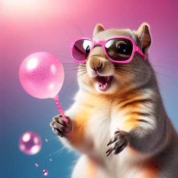 squirrel, kangaroo in a denim jacket and pink shirt with pink glasses with a round tasty lollipop on a pink background.