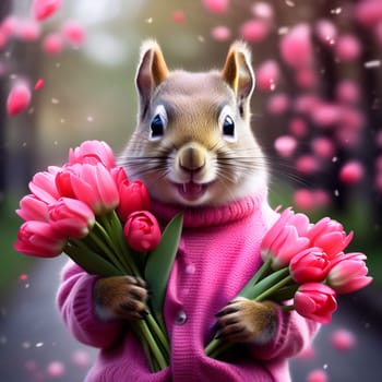 Happy squirrel, chipmunk in a fashionable pink knitted sweater with a bouquet of pink tulips in his hands. Congratulations on the holiday of March 8th