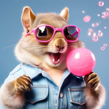 squirrel, kangaroo in a denim jacket and a pink shirt with pink glasses with a round tasty lollipop on a blue background.