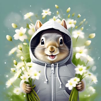A happy chipmunk squirrel in a fashionable gray sweater with a hood on her head with a bouquet of delicate primroses in her hands in nature. Congratulations on the holiday of March 8th.