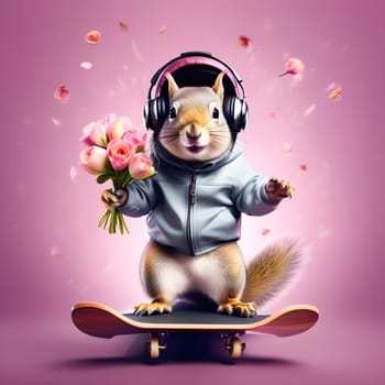 Funny fashionable squirrel, chipmunk in a denim shirt with a bouquet in his hands on a skateboard and headphones in his ears. Congratulations on the holiday.