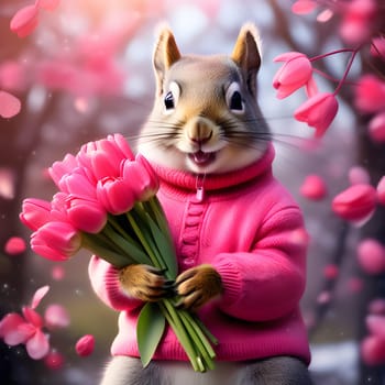 Happy squirrel, chipmunk in a fashionable pink knitted sweater with a bouquet of pink tulips in his hands. Congratulations on the holiday of March 8th