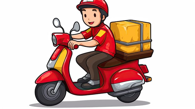 Courier on red motorcycle on white background, Food and goods delivery concept. Generative AI