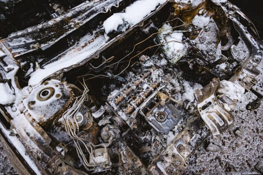 Kyiv, Ukraine - January 3, 2024: Burned civilians cars after a Russian's missiles attack.