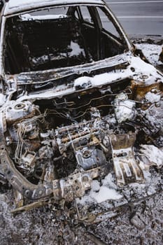 Kyiv, Ukraine - January 3, 2024: Burned civilians cars after a Russian's missiles attack.