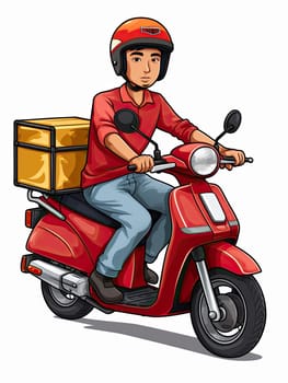 Courier on red motorcycle on white background, Food and goods delivery concept. Generative AI
