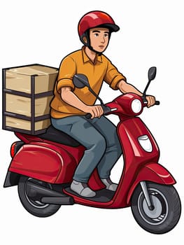 Courier on red motorcycle on white background, Food and goods delivery concept. Generative AI