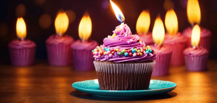 Cupcake with birthday candle. Generative AI. High quality photo