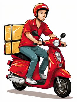 Courier on red motorcycle on white background, Food and goods delivery concept. Generative AI