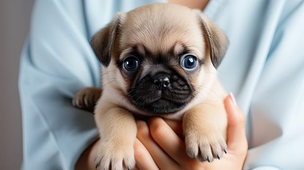 A small pug puppy in the arms of a doctor with a blue robe. The doctor's hands hold a small dog in close-up. The concept of pet treatment and care, generative AI