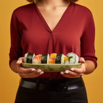 traditional Japanese food. woman in casual clothes hold sushi rolls served on plate. ai generated