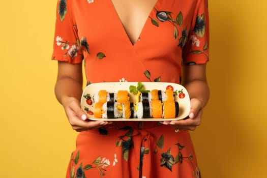 traditional Japanese food. woman in casual clothes hold sushi rolls served on plate. ai generated