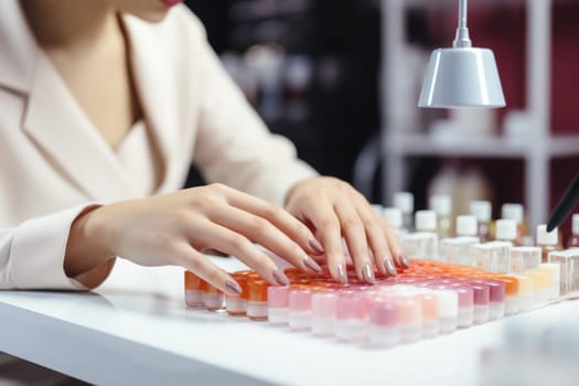 Gorgeous young woman getting her nails done by a manicurist in a beauty salon. ai generated