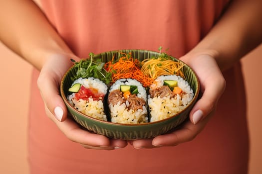 traditional Japanese food. woman in casual clothes hold sushi rolls served on plate. ai generated