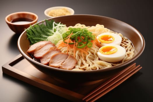 ramen soup in dark bowl. ai generated