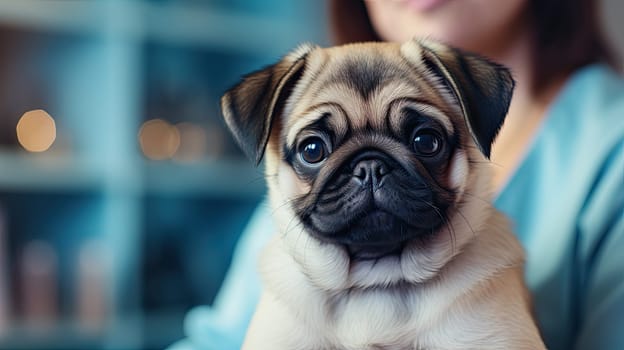 A small pug puppy in the arms of a doctor with a blue robe. The doctor's hands hold a small dog in close-up. The concept of pet treatment and care, generative AI