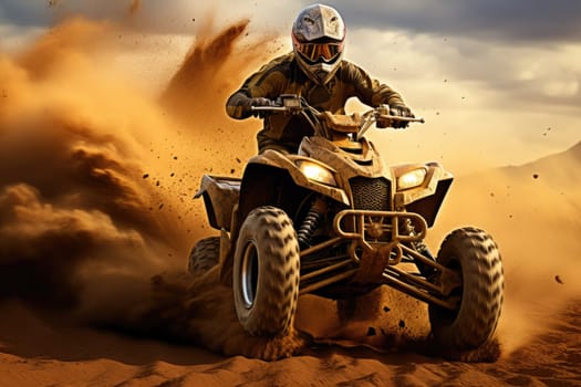 Offroad safari in sand desert. Quad bike on sand dune. ai generated