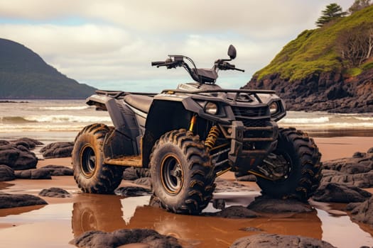 Offroad safari in sand desert. Quad bike on sand dune. ai generated